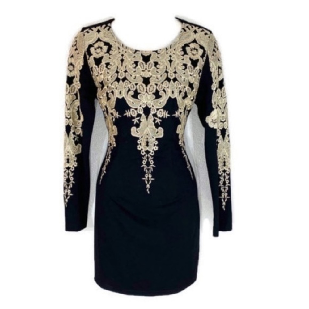 Gianni Bini Jolie black gold embroidered dress Z17